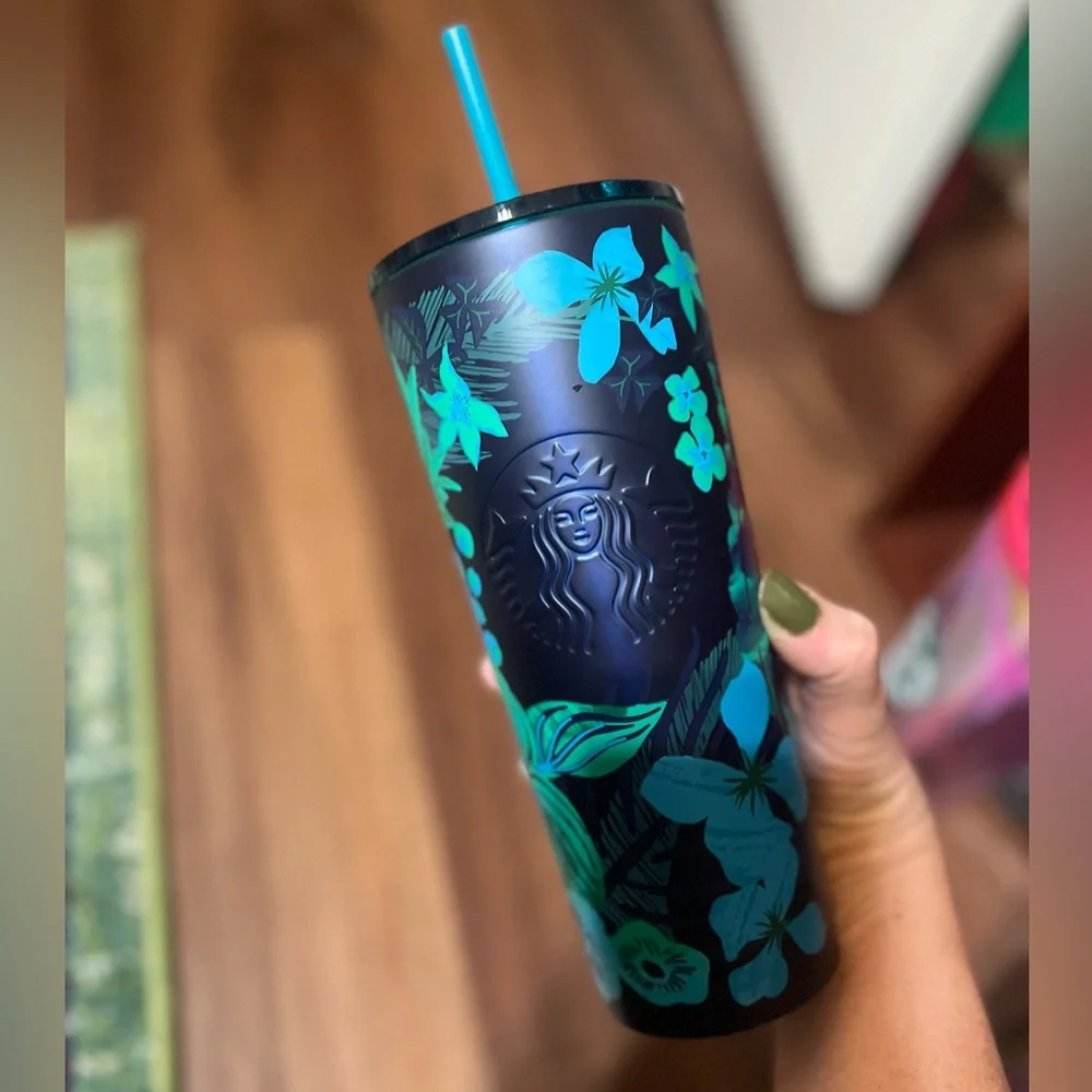 Starbucks Summerforest blue green floral stainless steel tumbler Venti 2022
